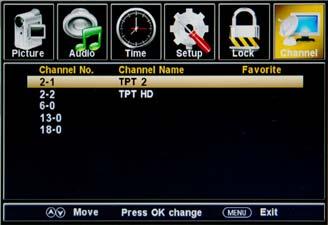If you select Air as input signal in Antenna item, you can press button to search the channels automatically.