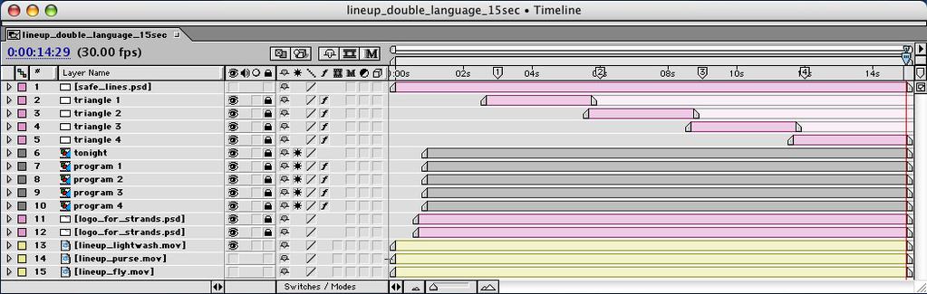 LINE-UPS 19 Changing Backgrounds: The bottom three layers of the timeline provide choices for the lightwash, fly, or purse backgrounds.