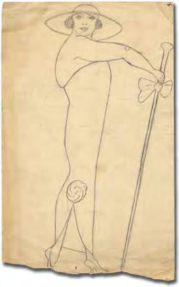 [BTC #72313] 83 E.E. CUMMINGS Pencil Sketch: Lady with Staff. Original pencil drawing. Single sheet, 95/16" x 15".