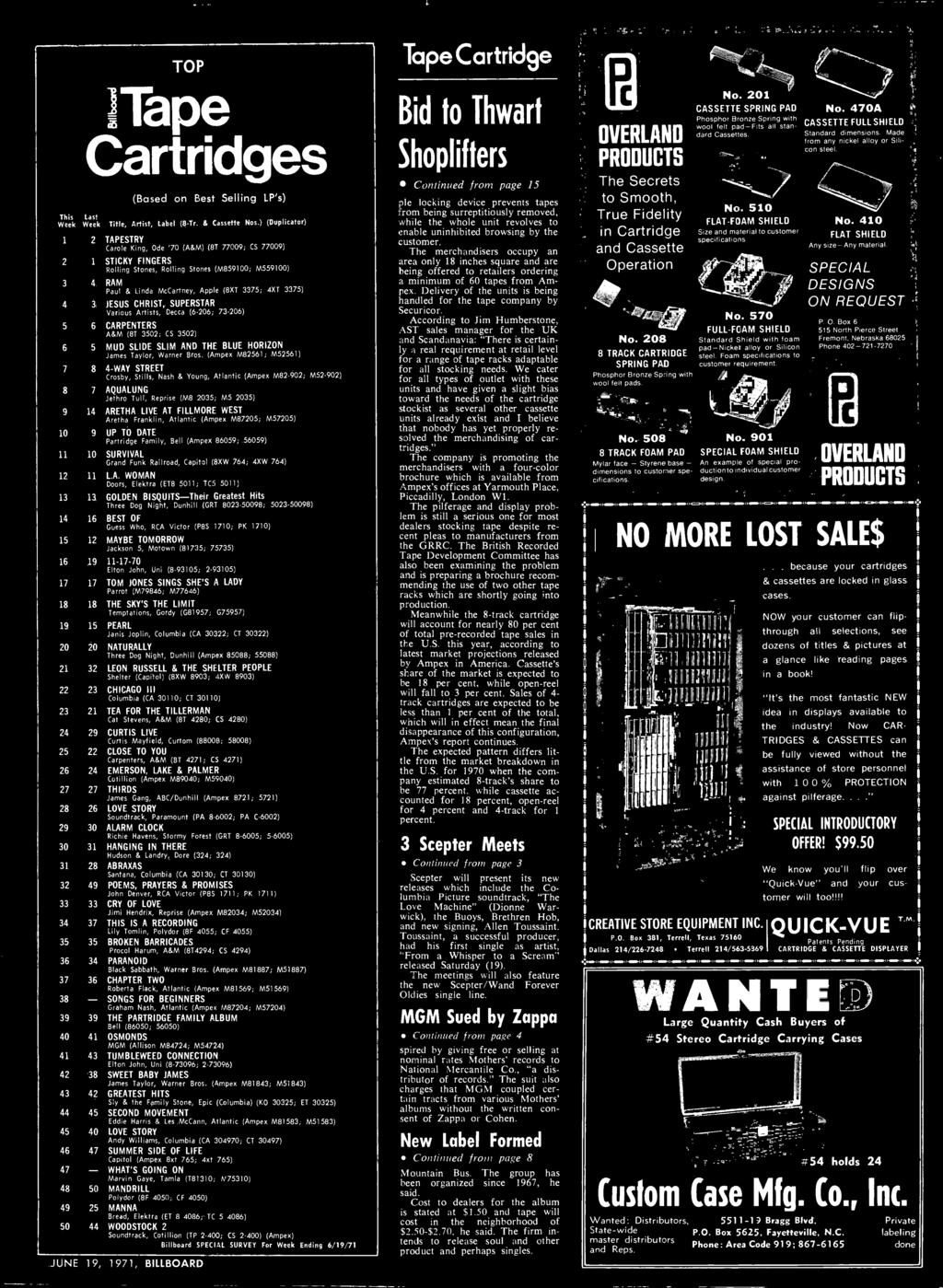 3375) 4 3 JESUS CHRIST, SUPERSTAR Various Artists, Decca (6-206; 73-206) 5 6 CARPENTERS A&M (8T 3502; CS 3502) 6 5 MUD SLIDE SLIM AND THE BLUE HORIZON James Taylor, Warner Bros.