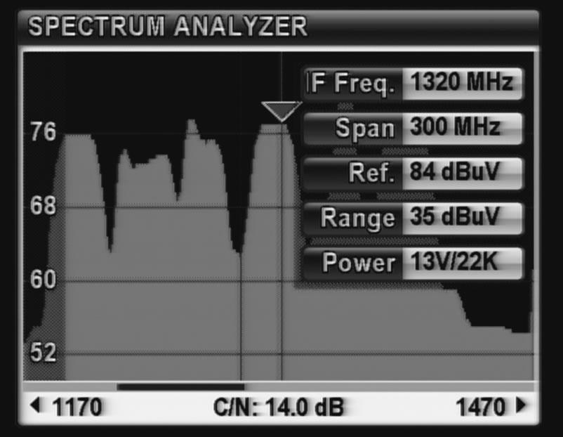 screen and LNB voltages. You can limit scanning bandwidth on the menu of SPECTRUM ANALYSIS.