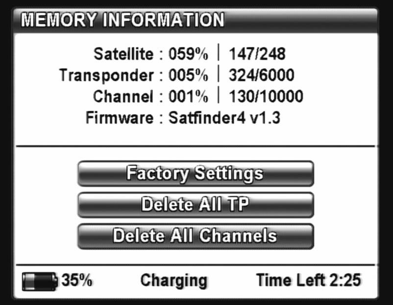 MEMORY INFORMATION MENU: You can see satellite, TP and channel number details on the menu of MEMORY INFORMATION together with