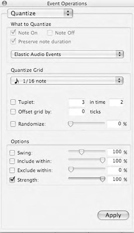 68 Secrets of recording: Professional tips, tools & techniques FIgure 2.34 Quantize settings for Elastic Time to snap the audio to the nearest 16th note.