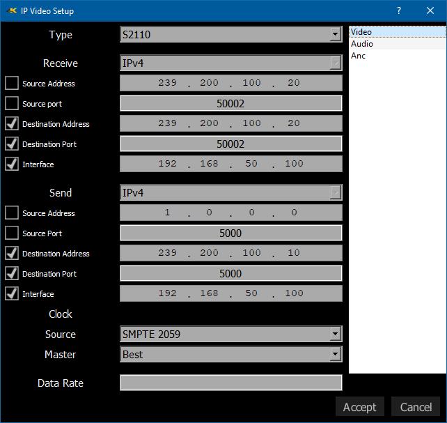 IP Setup Window Tabs - in SMPTE 2110 there are separate Video, Audio and Ancillary sets Type pulldown menu - select the type of network video stream, SMPTE 2110 or SMPTE 2022.