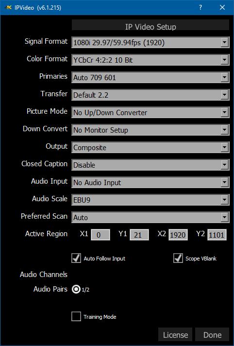 Settings Window Signal Format pulldown menu - displays the current setting, and allows the user to select between the formats supported by the I/O hardware.