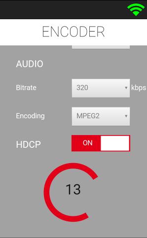 Video bitrate Video resolution Audio bitrate Audio encoding Once the encoder parameters have been selected, press the APPLY button to set them to the