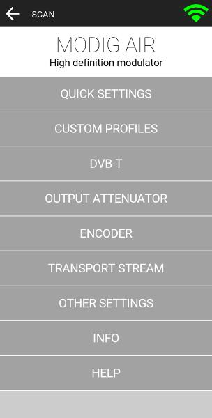 4.1. Main menu The main menu consists of the following options: Quick Settings Custom profiles DVB-T Output attenuator