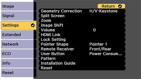 Projector Feature Settings - Settings Menu Options on the Settings menu let you customize various projector features.