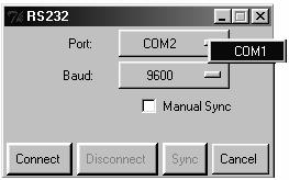 Press the keyboard shortcut key F3 (or select the Communication / RS232 command from the Settings menu, or press the keys: Alt SCR). The RS232 window appears.