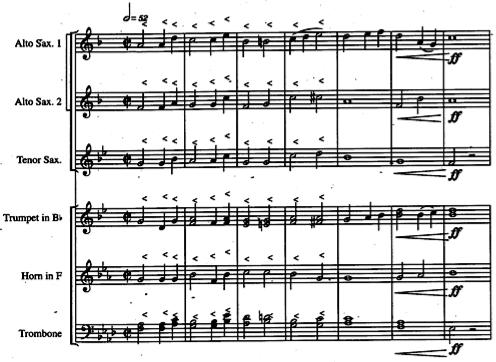 The trombones and baritones share in the melody in an upward motif handing off the