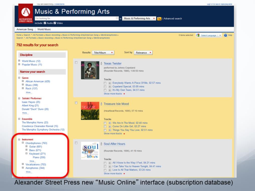 Alexander Street Press new Music Online interface brings us back to the library world. Music Online is a subscription resource for online audio, video, and scores (plus non-music resources).