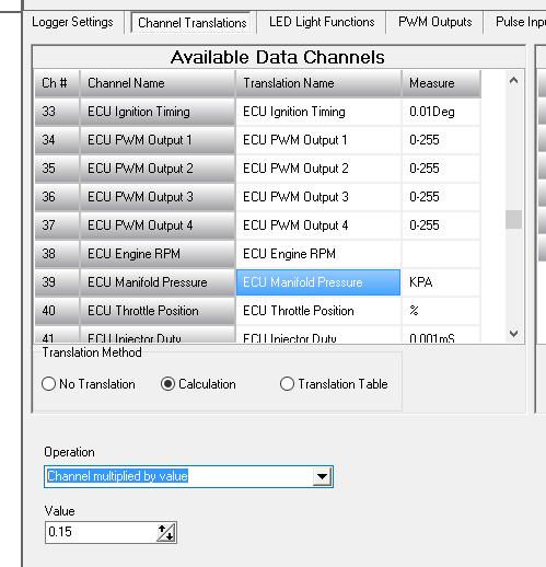 Translating a channel value Appling a translation formula Select the channel to define from the Available Channels list. Click Calculation in the Translation Method selector box.