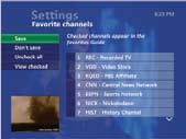 > Press GUIDE on the remote (or press MENU and select Live TV, then Guide). > Use up/down arrows to scroll channel listings, CH/PG to scroll pages, and left/right arrows to see program start times.