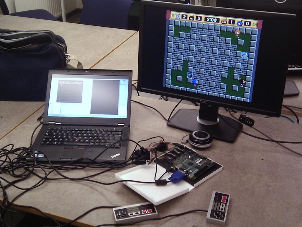 Figure 2: The final system up and running. sound effects ended up being stored on the onboard flash memory since it would be too big to store in program memory.