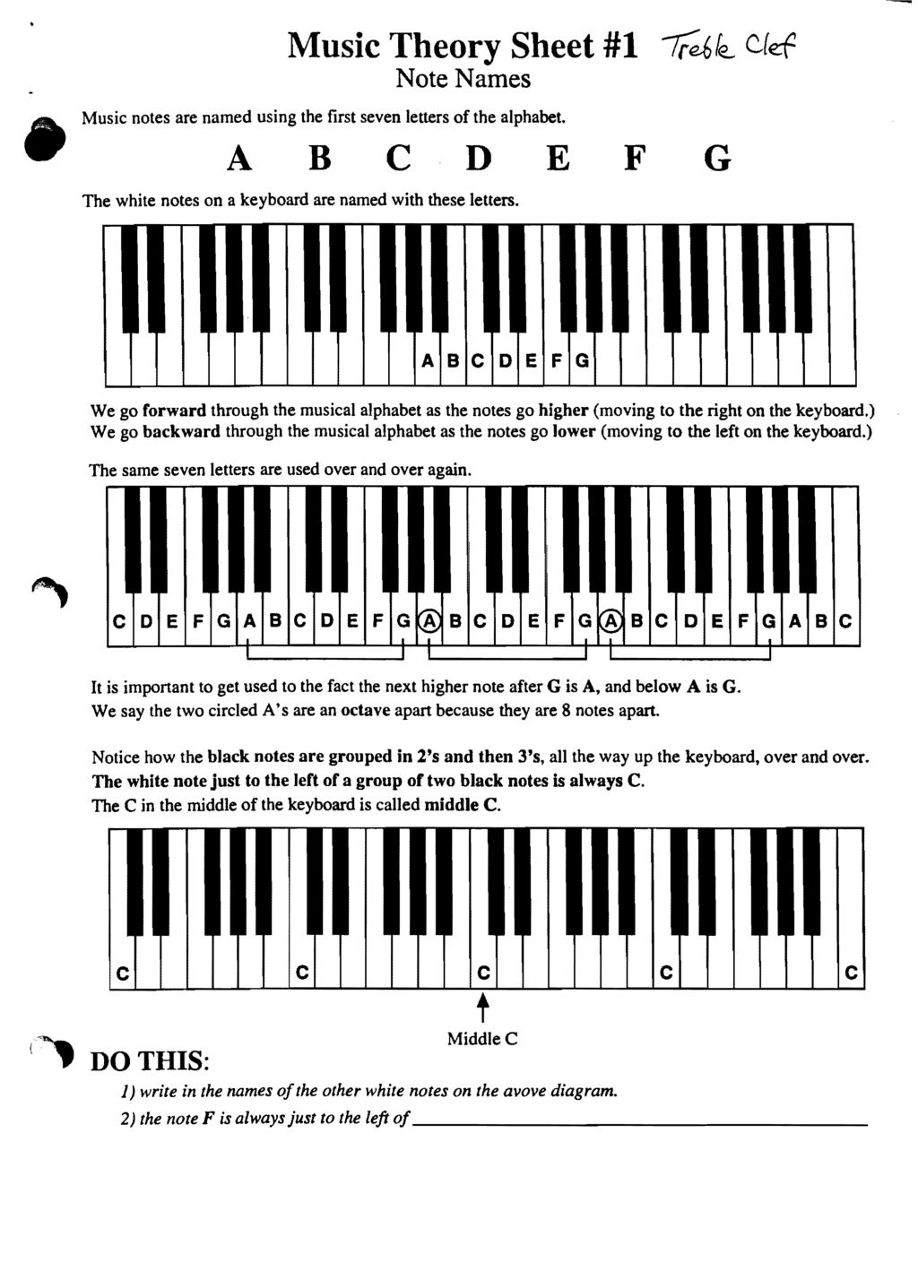 Music Music Theory Sheet #1 -tre6k- C-(ef Note Names notes are named using the first seven letters of the alphabet. A B c D E F G The white notes on a keyboard are named with these letters.