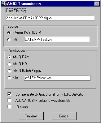 Transfer your multi carrier mixed signal to AMIQ using the AMIQ Transmission option. In the AMIQ task bar open the AMIQ Transmission panel.