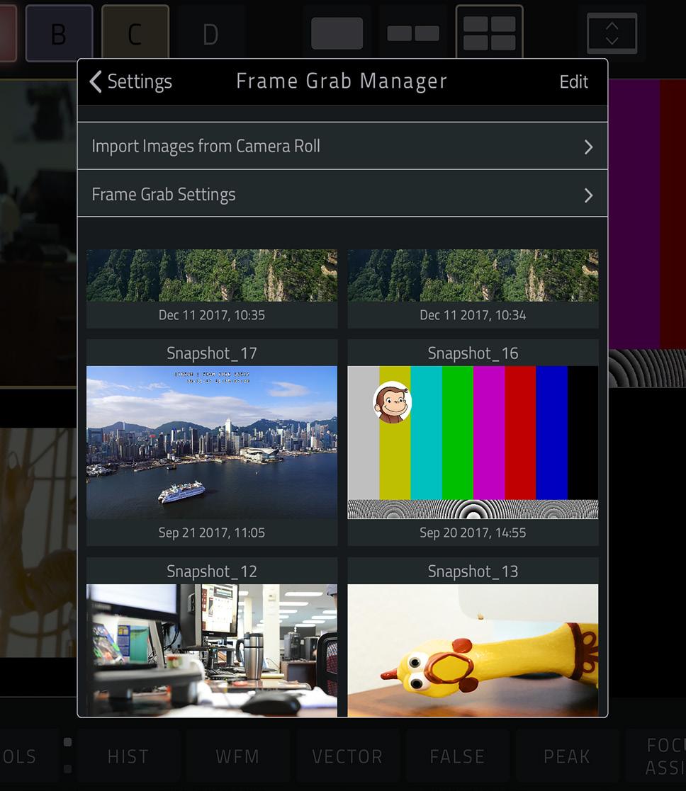Frame Grab Manager The Frame Grab Manager stores all your previous frame grabs along with the any looks that have been applied. You can also import images directly from your device (Fig. 4-2).