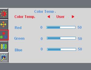 Main Menu Item Main Menu Icon Sub Menu Item Description Color Temp. Warm Recall Warm Color Temperature. Normal Cool srgb (for select models with srgb function) Red Recall Normal Color Temperature.