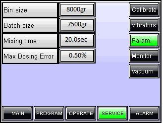User Manual CD Series Figure 5.3-1 Parameters Screen Note: entering the Service screen requires an access code. The default code is 4321. 5.3.1. Bin Size and Batch Size The bin size determines the maximum weight of material that can enter the bin without overflow.