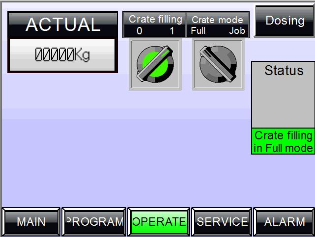 Push the PROGRAM button to display the PROGRAM screen. 4. Set recipe and press the "FORMULA REPLACE" button. 5. Position empty crate under the dosing system. 6.