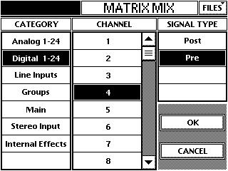 Touchscreen and TT Control Figure 6-21 MATRIX MIX Selection/Assignment The following input signals are available to the matrix: Analog inputs 1 24 pre/post fader Digital inputs 25 48 pre/post fader