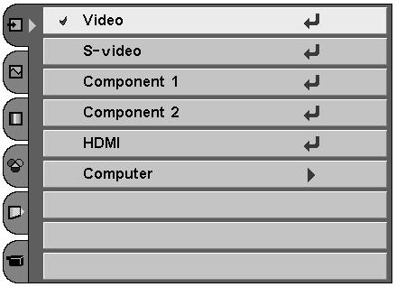 Video Input Menu Operation 1 Select the Input Source with the Point Up/Down button, and then press the Point Right button to enter the sub-menu.