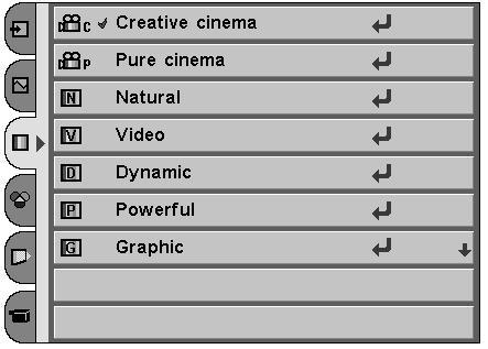 Video Input Image Level Selection Direct Operation Select an image level among Creative cinema, Pure cinema, Natural, Video, Dynamic, Powerful, Graphic, User Image 1 ~ 4 by pressing the IMAGE buttons