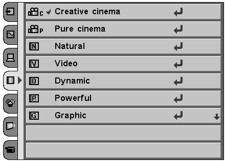 Computer Input Image Level Selection Direct Operation Select an image level among Creative cinema, Pure cinema, Natural, Video, Dynamic, Powerful, Graphic, User Image 1 ~ 4 by pressing the IMAGE