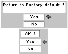 Setting Lamp counter reset Factory default This function is used to reset the lamp replace counter. When replacing the projection lamp, reset the lamp replace counter by using this function.