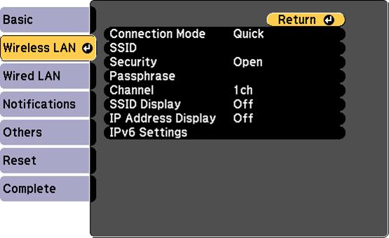 4. Select the Wireless LAN menu and press Enter. 5. Select the Security setting and press Enter. 6. Select the security settings for your network. 7.