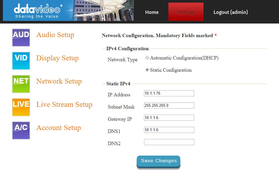 Settings > Live Stream Setup From this page you can configure the source stream for the decoder.