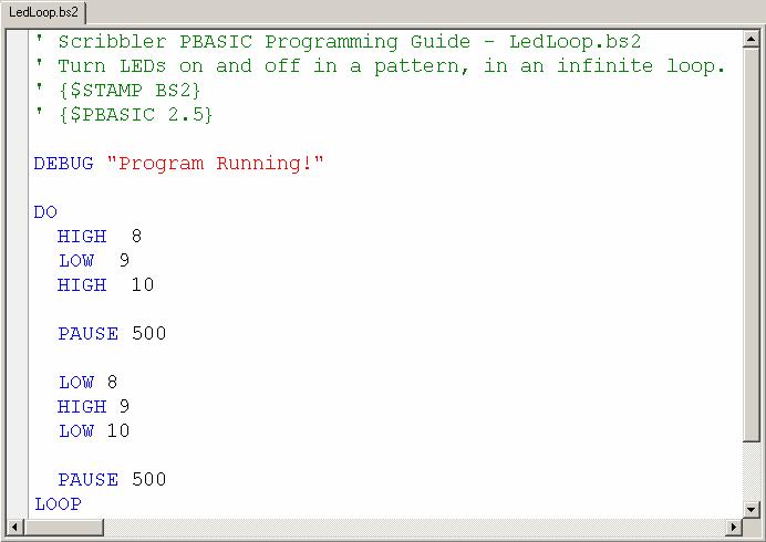 Writing Programs 11 Now, your LEDs blink on and off in a pattern without having to push the reset button. The DEBUG message Program running!