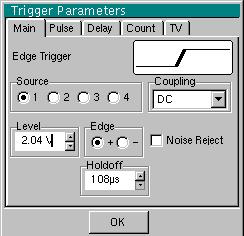 Oscilloscope Mode Oscilloscope Mode (cont'd) Parameters Selection of the "Trigger Parameters". Main Source Coupling Edge Level Noise reject Trigger on edge Selects a channel as a trigger source.