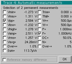 Inactive traces are displayed in a lighter color. The "" symbol indicates the reference trace. Automatic measurements Opens the "Automatic measurements" menu window.