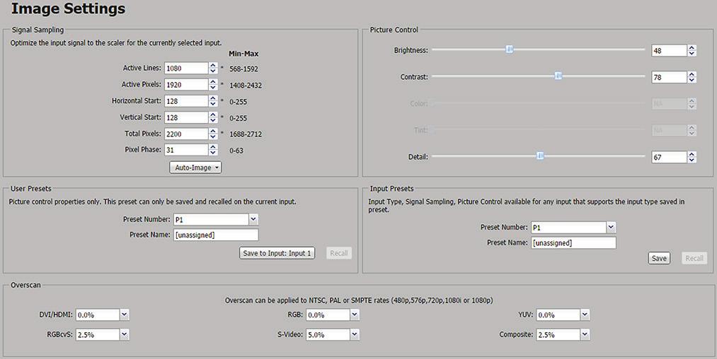 Image Settings Page From this page signal sampling and picture control settings can be set, user and input presets can be saved and recalled, and overscan settings can be applied.