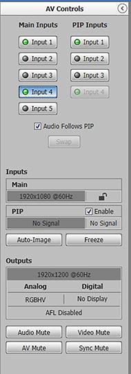 AV Controls Panel The AV Controls panel can be used to switch inputs, set breakaway audio, enable or disable PIP, view active input and output status, start an Auto-Image instance, freeze the