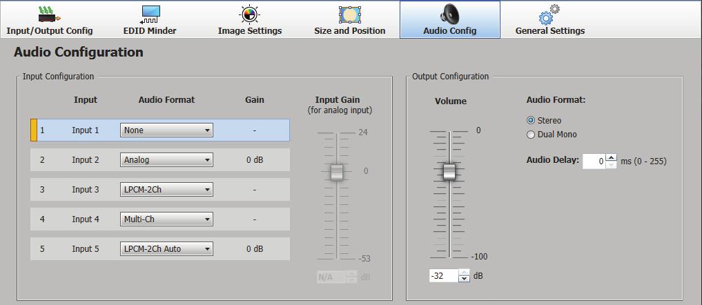 Audio Configuration Page From the Audio Configuration page, audio inputs and outputs can be configured.