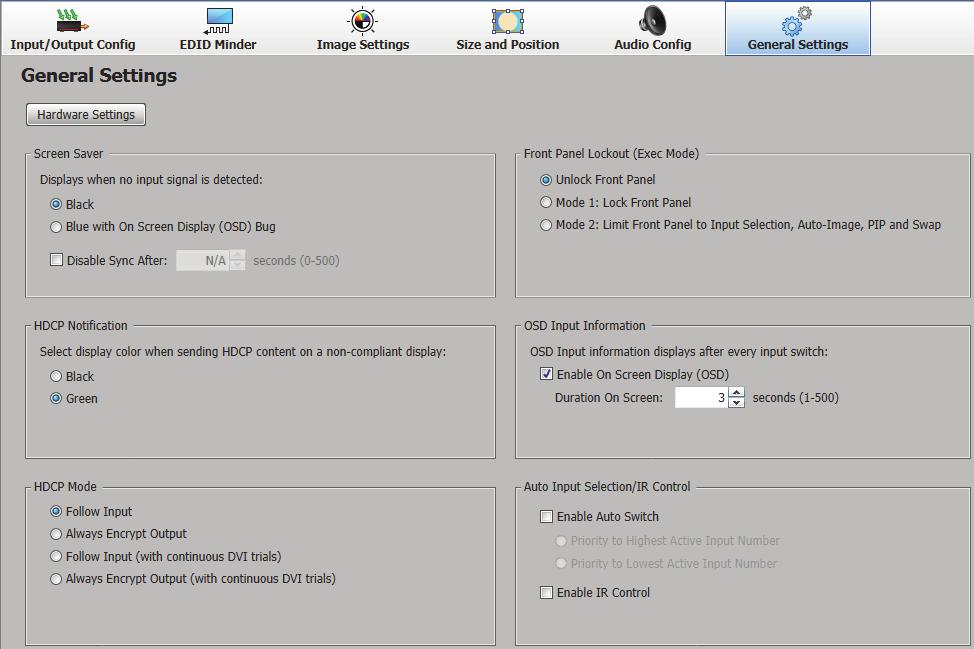 General Settings Page The General Settings page allows the user to set a screen saver, select HDCP notification and HDCP Mode options, set the front panel lockout mode (Exec Mode), enable On-Screen