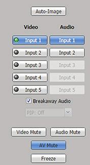 2 1 4 5 Breakaway Audio check box (audio models only) Select this check box (3) to enable audio breakaway. The input buttons separate into two columns: Video (4) and Audio (5).