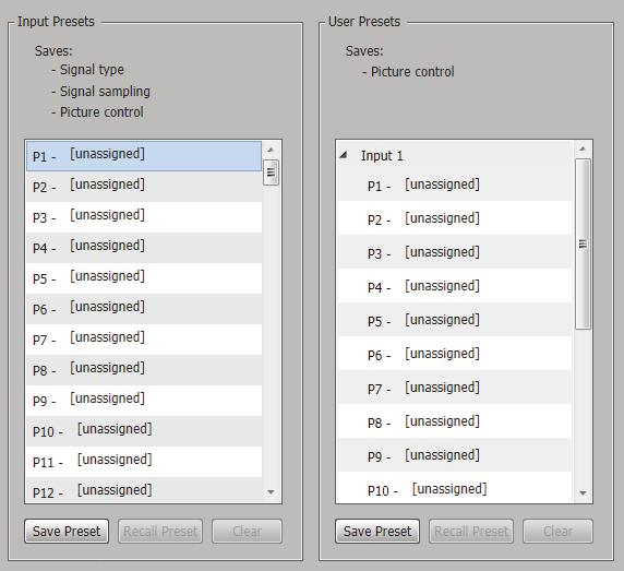 Presets panel Presets save output settings to be recalled through RS-232 or Ethernet (see the table below for a comparison of saved settings for input and user presets). 1 5 2 3 4 6 7 8 Figure 59.