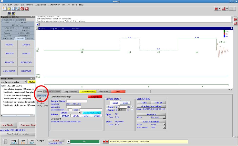 After selecting the Proton experiment, your main display window should show you a diagram of the pulse sequence for the
