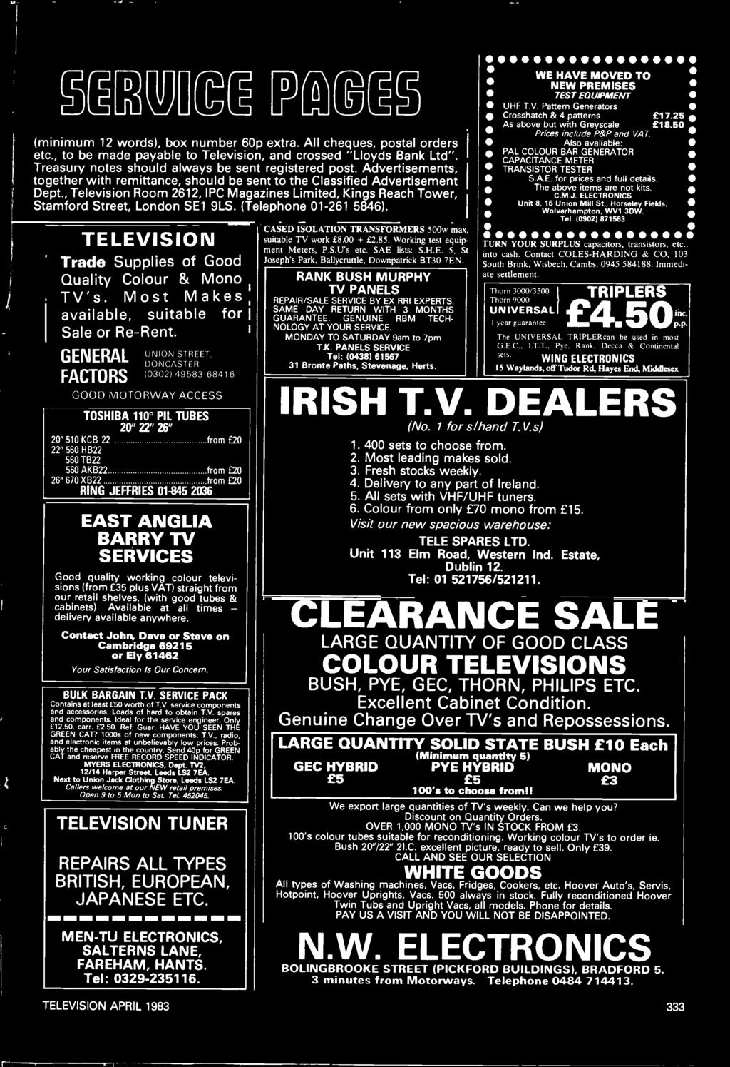 (Telephone 01-261 5846). TELEVISION Trade Supplies of Good Quality Colour & Mono TV's. Most Makes available, suitable for Sale or Re -Rent.