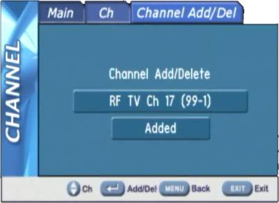 Channel Add/Delete This menu can add or delete a channel accessed from Channel Up and Down. You can tune to a channel you want to delete, then press Menu/Channel/Add-Delete.