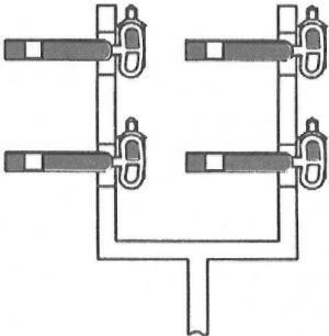 4. Multiple Signal Arms a. Two Arms Close Together The diagram displays two arms on the same side of a post close together. The top (first) arm signals the line on the left.