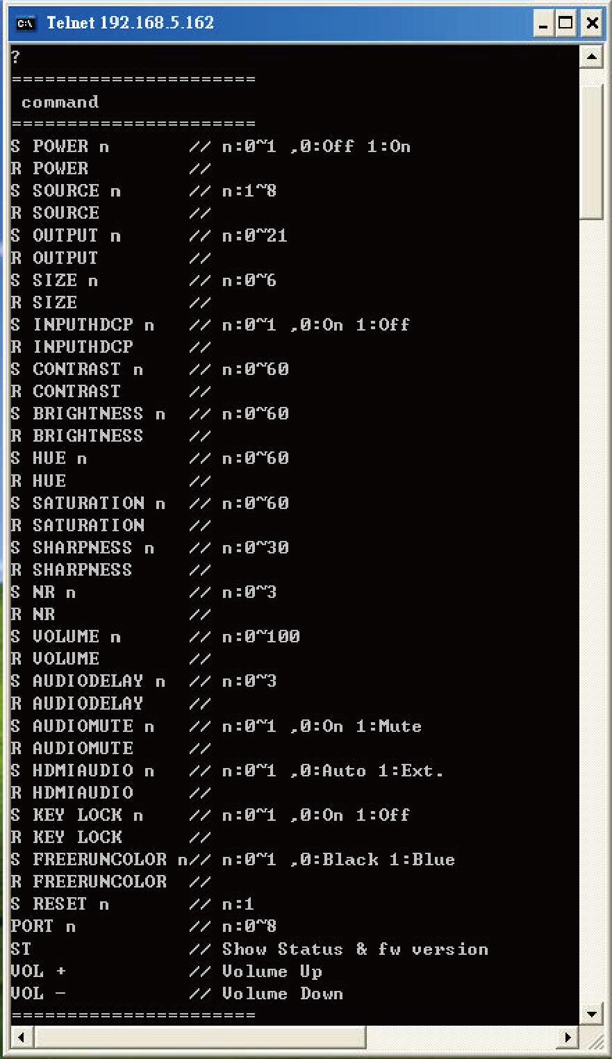 Once in the command line interface (CLI) type 'telnet' along with the IP address of the unit you wish to control (see below for reference). This will bring us into the device which we wish to control.