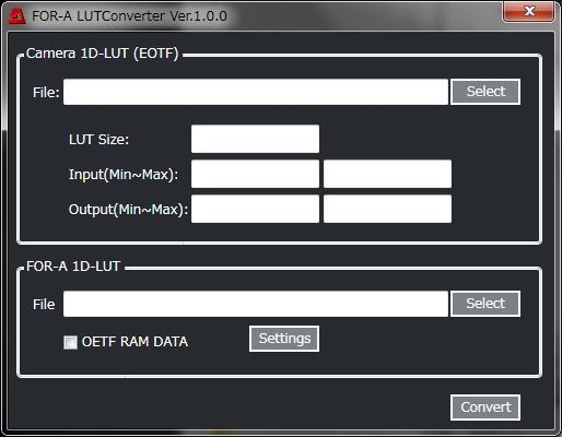 3. Converting LUTs Once the converter is launched, the following Main screen appears. (1) (2) (3) (1) Click Select to specify a LUT for translation under Camera ID LUT (EOTF).