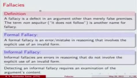 So fallacy is term the term which is used for fallacy is none equivator that means it does not follow premise is invalid kind of argument is another name for fallacy and all mostly it is used in
