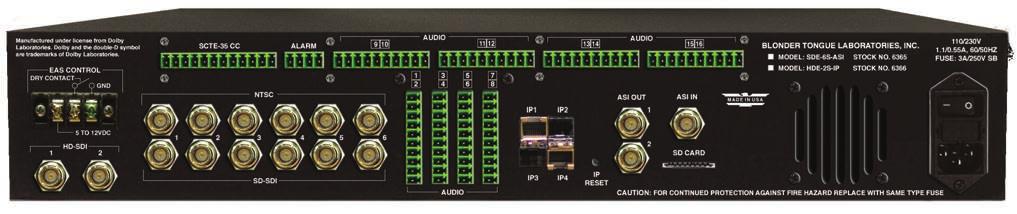 6xSD-SDI or NTSC EAS (2 HD or 8 SD Inputs Total) Features 1x 100/1000 BaseT SFP 2xASI Accepts up to six video programs from any of the following inputs: 6xSD-SDI and/or 6xNTSC Simultaneously delivers