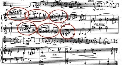 Figure 26 At figure 26, red signed 5 note motive floats among orchestral instruments again. At 120th bar, music become very soft and lyrical, it should be played with all bow and very legato.