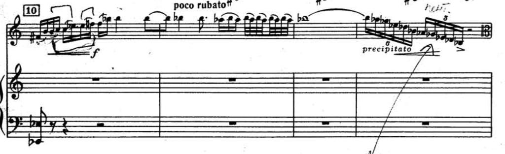 It should be played with molto vibrato and music becomes very aggressive after playing B-flat note in the bar number 10.